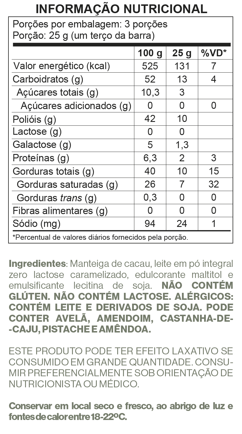 Tabela Nutricional Barra de Chocolate Branco Doce de Leite Zero Glúten, Zero Lactose e Zero Açúcar Luckau